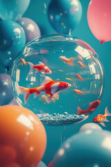 a perfect round aquarium inside a ballon, other color ballons on a background, surrealism, photoshop style 