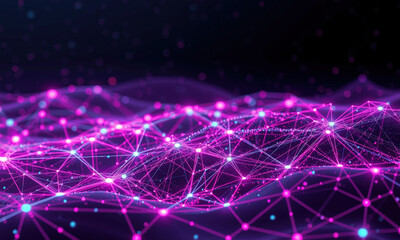vibrant digital landscape showcasing interconnected nodes and lines, representing data flow and quantum computing concepts. glowing pink and blue colors create futuristic atmosphere