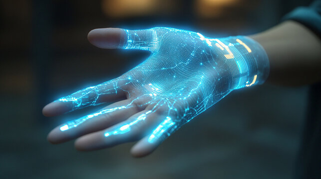Futuristic e-skin wearable sensor elegantly stretching over a person's hand - Powered by Adobe