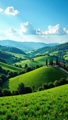 Fototapeta premium Rolling hills covered with lush vineyards and olive groves under a clear blue sky in Tuscany, Italy, hills, Italy