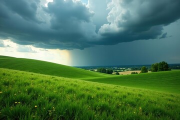 Rolling landscape of Polish fields and meadows under ominous storm clouds, Poland,  storm