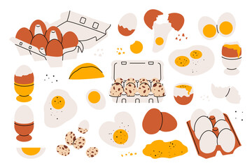 Eggs set. Chicken quail egg products, whole and broken eggshell with yolk, fresh farm protein ingredient in carton box, organic cooked food in egg cup. Vector isolated collection