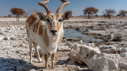 A graceful antelope poses on a sun-baked, cracked landscape, underscoring the harsh realities of climate change and symbolizing the fight for survival.