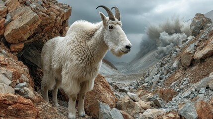 A majestic mountain goat stands among rugged rocks, gazing into the distance as smoke billows, depicting a serene yet alarming contrast between nature and chaos.