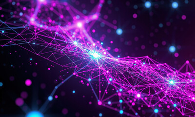 vibrant digital network visualization featuring interconnected nodes and lines shades of pink and blue, representing quantum data and technology. image evokes sense of innovation and complexity