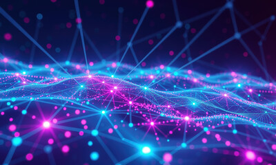 Obraz premium vibrant digital landscape showcasing interconnected nodes and lines, representing quantum data visualization with bright pink and blue colors, evoking sense of technology and innovation