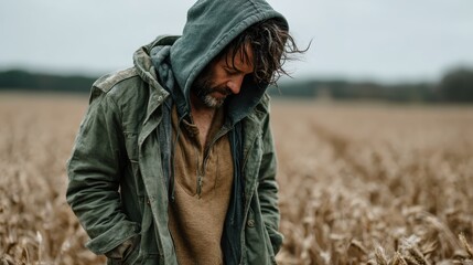 A pensive man walks through a field under overcast skies, his thoughtful demeanor capturing a moment of solitude and reflection amidst the rustic beauty of nature.