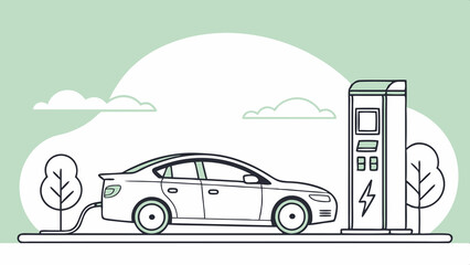 Electric car charging at station in flat line style with green tones, AI Generation