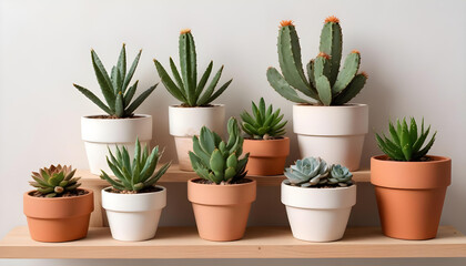 Obraz premium An attractive display of varied succulents and cacti plants in white and terracotta pots.