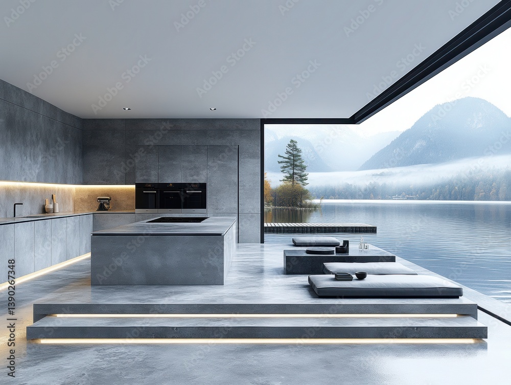 Aufkleber Minimalist Modern Home with Large Windows and Concrete Floor