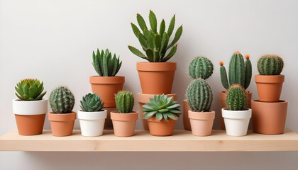 Fototapeta premium An eye-level shot featuring a collection of cacti and succulents on a wooden shelf against a white wall.