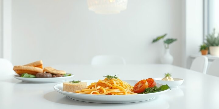 A simple pasta dish with a side of bread and a creamy sauce, elegantly presented on a white table in a minimalist setting