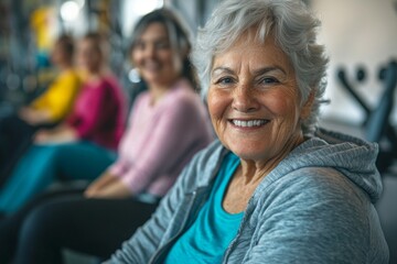 Smiling wide angle real portrait of a group of a real senior women in sports clothes in a gym