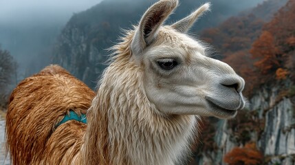 A stunning white llama poses gracefully amidst a picturesque mountain backdrop, showcasing its beauty and serenity against the vibrant autumn foliage.