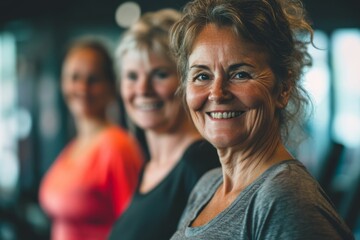 Obraz premium Smiling wide angle real portrait of a group of a real senior women in sports clothes in a gym