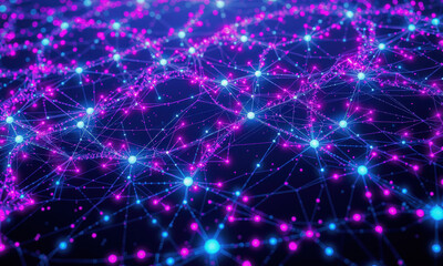 Obraz premium vibrant digital network visualization featuring interconnected nodes and lines in shades of blue and pink, representing data flow and connectivity in futuristic setting