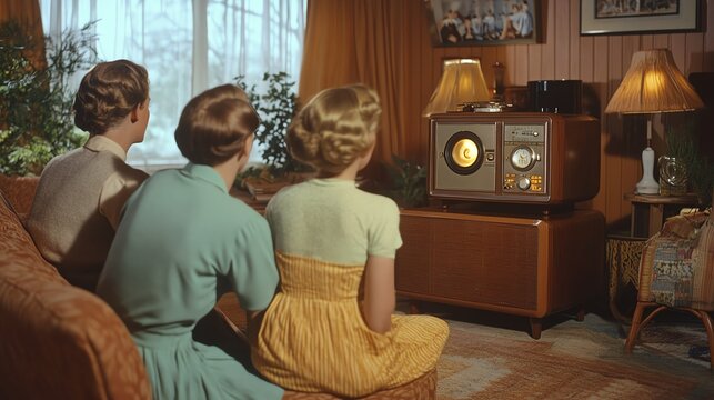 A family gathered around the radio in a 1940s home