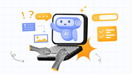 halftone collage, AI assistant on laptop screen helping with text, image, searching, hand gesture and task creation. Boost productivity with artificial intelligence. work, learning, and communication