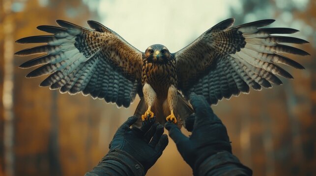 A falconer's gloved hands releasing a majestic hawk into the sky, the bird spreading its powerful wings. 