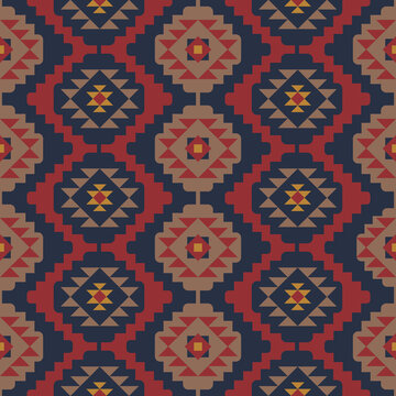 Tribal geometric abstract carpet seamless pattern. Color mosaic oriental kilim rug background