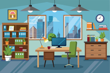 A cartoon illustration of a modern office interior with a desk, computer, chair, bookshelf, and city view from the window.