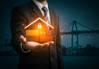 The businessman keeps sea cargo containers under a guarantee of protection. Trade security, logistics protection, freight insurance, supply chain stability, international business. Risk management