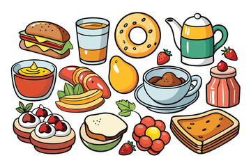 Hand Drawn Vector Breakfast Set – Coffee, Eggs, Croissant, Avocado & More