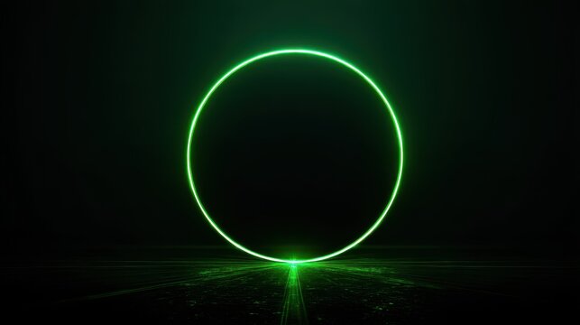 green neon frame in shape of circle,consisting of several lines glowing with laser light on dark background,top view, web design concept,technology presentations. - Powered by Adobe