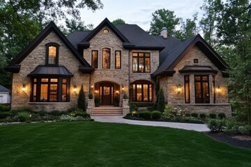 A majestic stone house bathed in warm evening light, exuding comfort and elegance with its inviting windows and landscaping, nestled amidst a lush green lawn and mature trees.