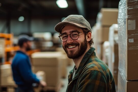 Smiling portrait of male warehouse workers and managers working in a warehouse - Powered by Adobe