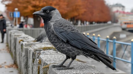Obraz premium A striking black crow perches thoughtfully on a stone wall with vibrant autumn foliage in the background, showcasing nature's beauty and the changing of seasons.