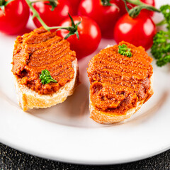 Pepper pate dip red pepper roasted vegetable hummus appetizer vegetable dish fresh gourmet food background on table rustic food top view copy space