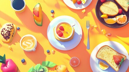 Colorful Breakfast Spread with Fruits, Toast, and Beverages on Table