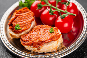 Pepper pate dip red pepper roasted vegetable hummus appetizer vegetable dish fresh gourmet food background on table rustic food top view copy space