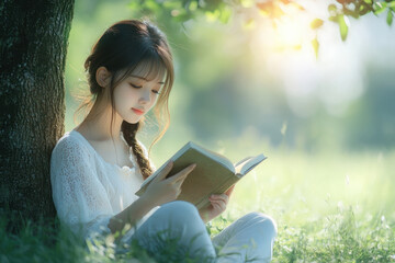 Girl reading a book under a tree, surrounded by falling autumn leaves.