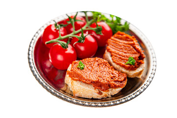 Pepper pate dip red pepper roasted vegetable hummus appetizer vegetable dish fresh gourmet food background on table rustic food top view copy space