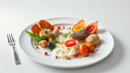 Gourmet breakfast plate featuring fluffy ricotta, savory grilled patties, crispy potato cakes, and fresh fruit