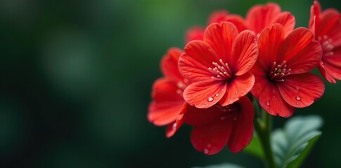 Red Geranium flowers in full bloom covered with glistening water droplets,  close-up,  water drops