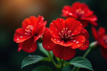 Red geranium flowers with vibrant red petals in full bloom, adorned with glistening water drops,  Close-up,  Bloom