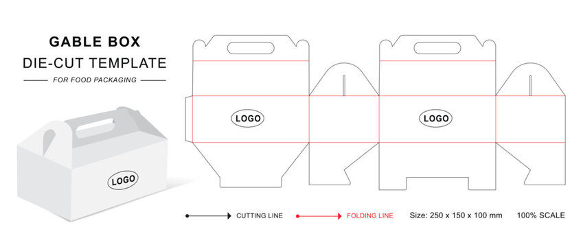Gable box die cut template with 3D blank vector mockup for food packaging