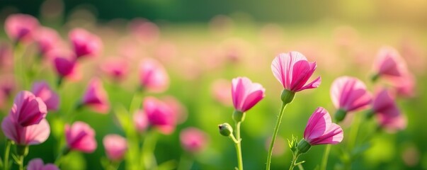 Obraz premium Pink sweet pea plants with delicate blossoms blooming profusely in a lush field, beauty, outdoors