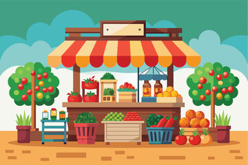 An illustration of a fruit and vegetable stall with various produce on display, including tomatoes, oranges, peppers, and green vegetables.