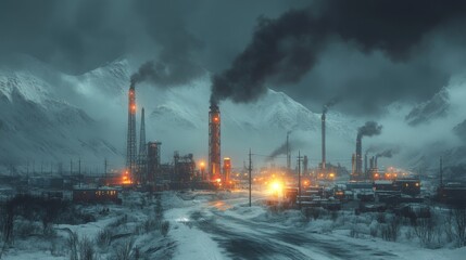 A mining site is active with heavy machinery in a mountainous area, as smoke rises from chimneys under a darkening sky, highlighting the extraction and processing of minerals.