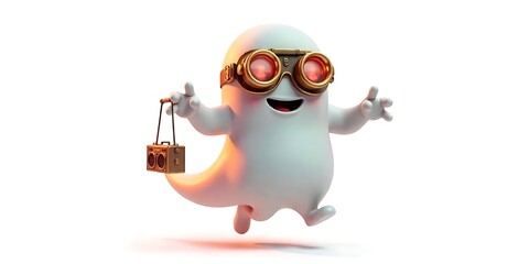 Naklejka premium Cartoon Ghost with Funky Sunglasses and Boombox, Halloween