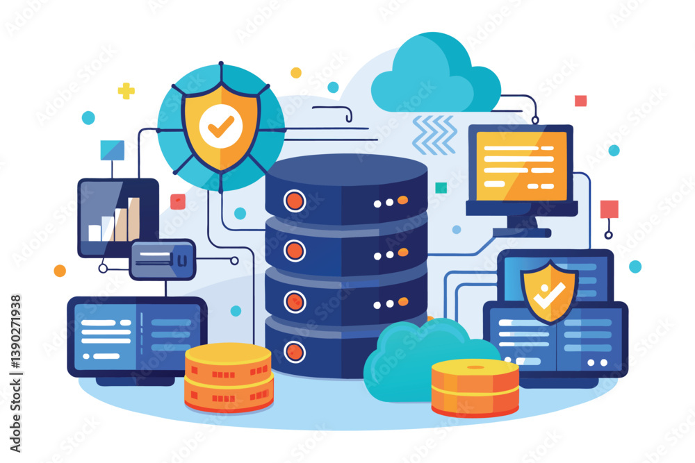 Poster illustration of a secure data storage server network with multiple connected computers, clouds, and 