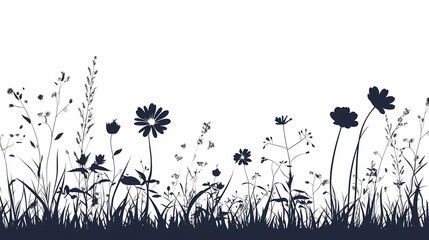 Silhouetted Floral Art on Grasslands: Whimsical Vintage Nature Scenery & Botanical Landscape Illustration