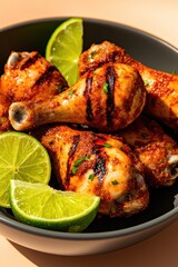 Grilled chicken drumsticks garnished with fresh lime slices, vib