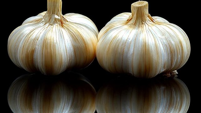 Two garlic bulbs on black background, studio shot, food photography, close-up