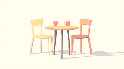 Two chairs and a table with mugs.