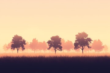 Serene Sunset Glow: Breathtaking Forest Silhouette in Misty Rural Landscape